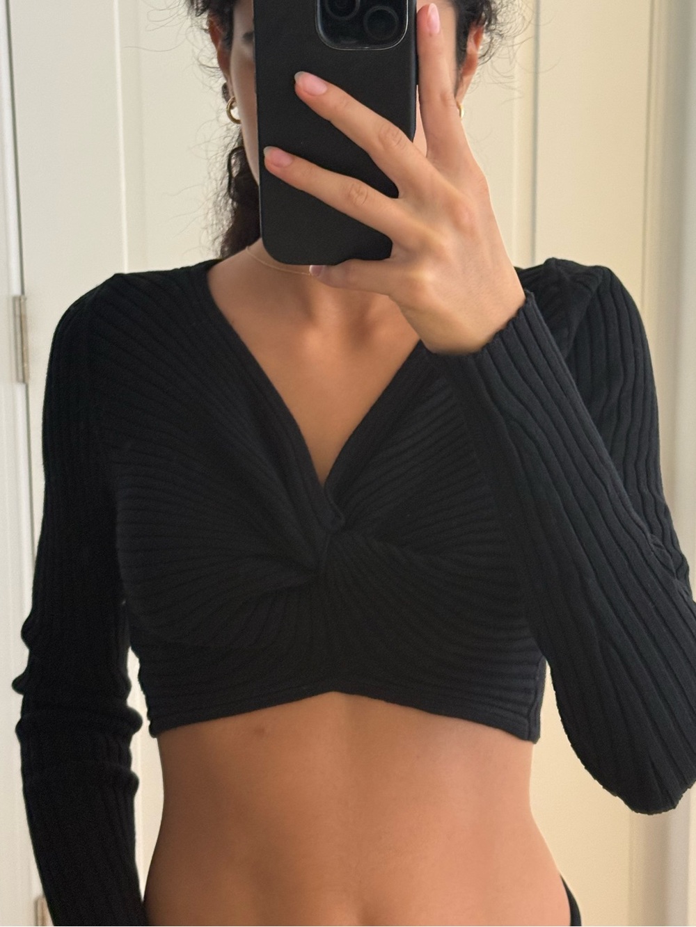 Anna Quan Black Ribbed Twist-Front Long Sleeve Crop Top